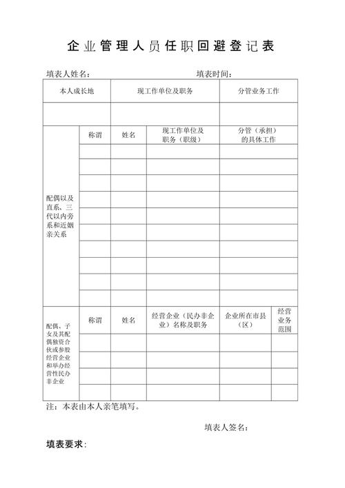 企业管理人员任职回避登记表